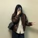 Aria Basics American Style Brown For Women Petite Spring And Autumn New Retro Stand Collar Short Motorcycle PU Leather Jacket_ecoleips.com