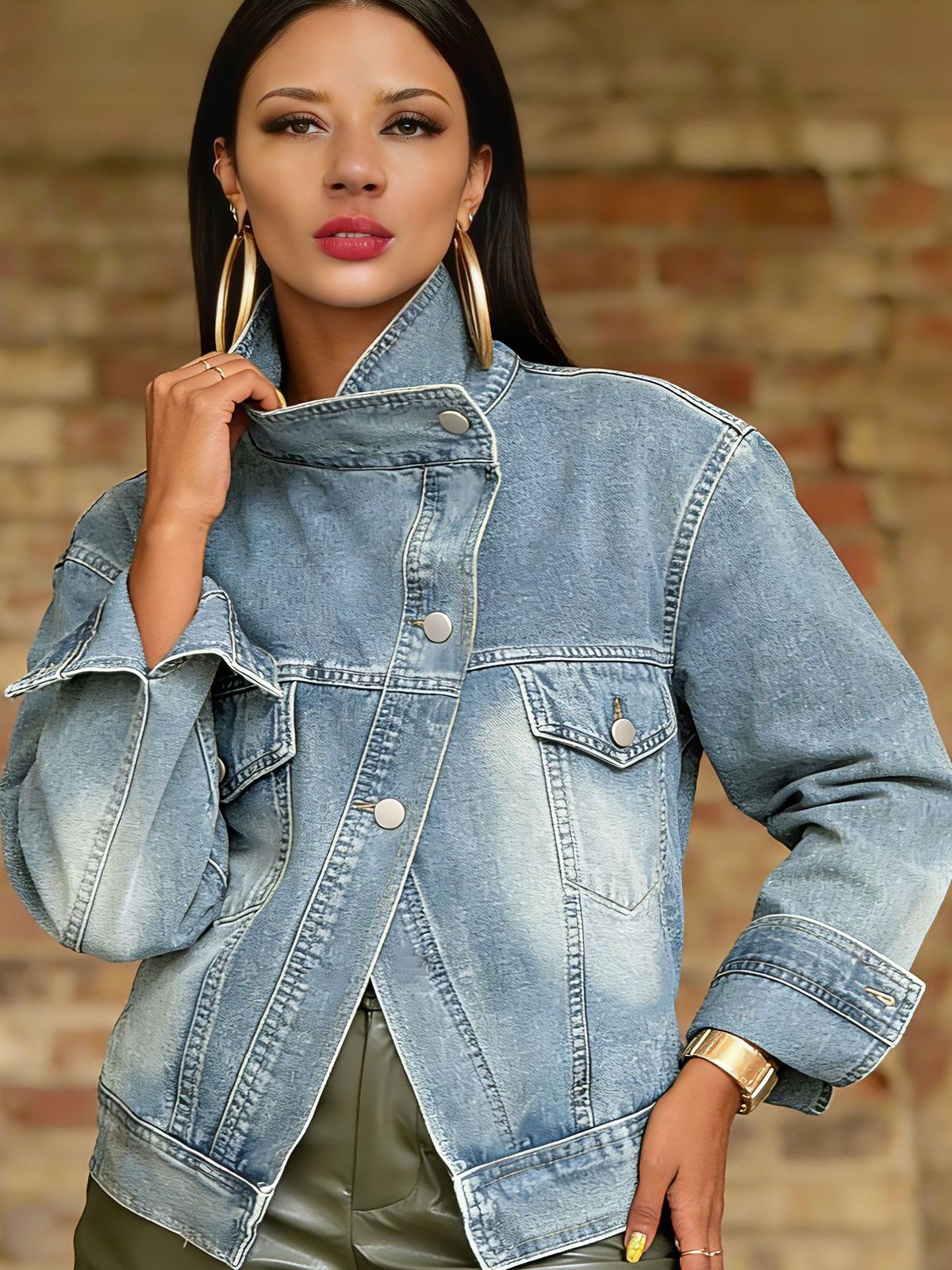 Women's Clothing Vintage Washed Denim Jacket – Motorcycle-Inspired Collar & Distressed Details (5 Sizes, Light Blue)_ecoleips.com