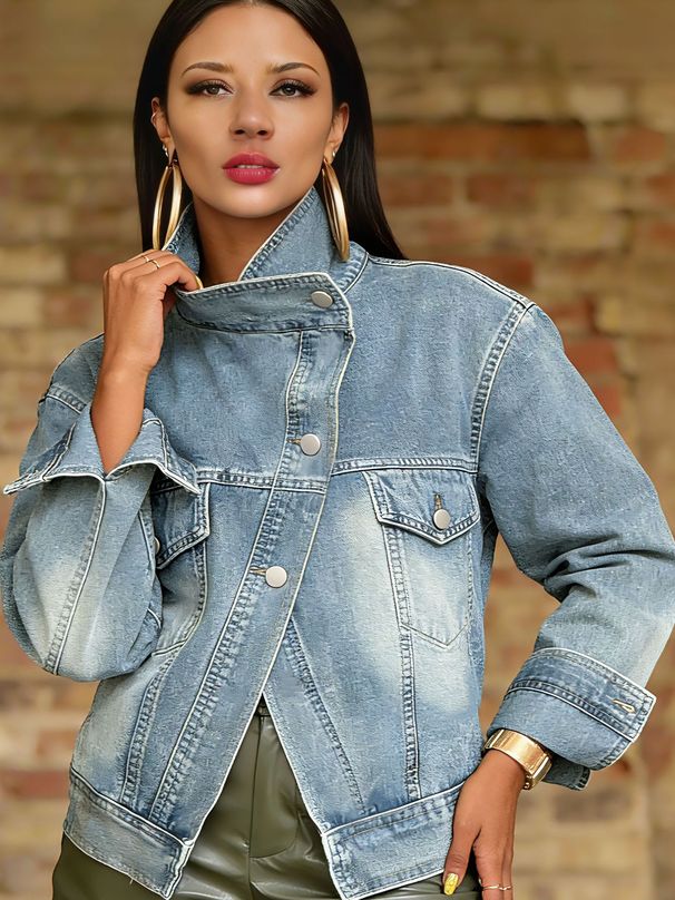 Women's Clothing Vintage Washed Denim Jacket – Motorcycle-Inspired Collar & Distressed Details (5 Sizes, Light Blue)_ecoleips.com