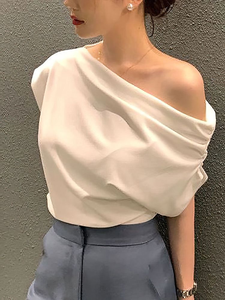 Korean Elegant Summer Off Shoulder Top Women One Shoulder Loose Casual Short Sleeve T Shirt Fashion Basic Blouse Lady Spring Sum_ecoleips.com