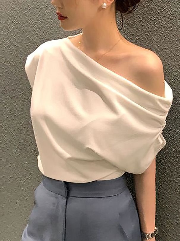 Korean Elegant Summer Off Shoulder Top Women One Shoulder Loose Casual Short Sleeve T Shirt Fashion Basic Blouse Lady Spring Sum_ecoleips.com