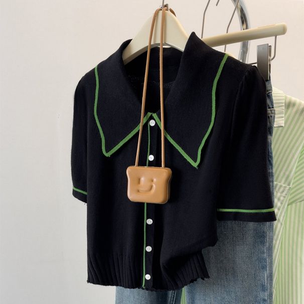 Women's French Retro Style Collared Knit Sweater Color Block Short Sleeve Top Summer Design_ecoleips.com