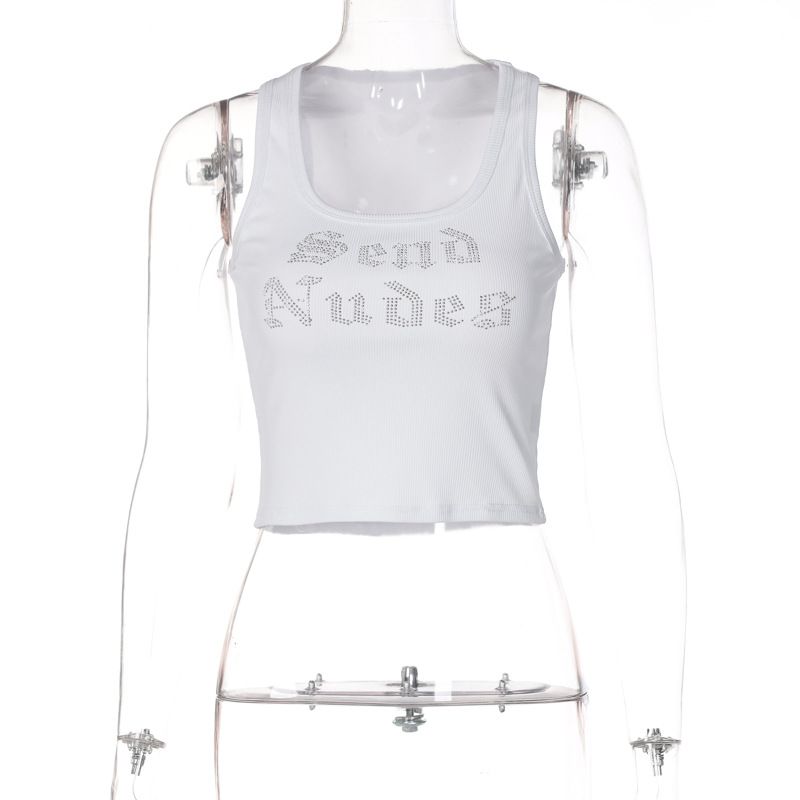 European And American Style Women's Clothing 2026 Summer Fashion Casual Letter Rhinestone U-neck Sexy Sleeveless Short_ecoleips.com