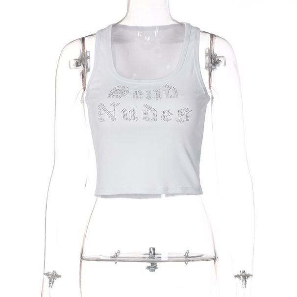 European And American Style Women's Clothing 2026 Summer Fashion Casual Letter Rhinestone U-neck Sexy Sleeveless Short_ecoleips.com