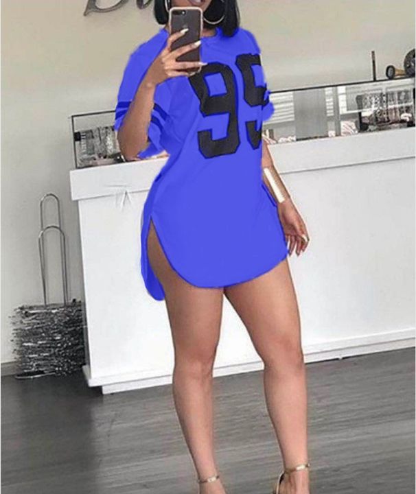 Women's Round Neck Short Sleeve T-Shirt With Graphic Number Print & Side Slits, Comfortable Stretch Fit, Multiple Colors Available_ecoleips.com