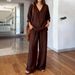 Women's Casual Cotton Pants Set V Neck Pullover Long Sleeve Top Multiple Colors Washed Effect Clothing_ecoleips.com