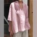 Women's Clothing Spring And Summer V Neck Cotton And Linen Solid Color Large Size Loose Mid Sleeve Women's Shirt_ecoleips.com