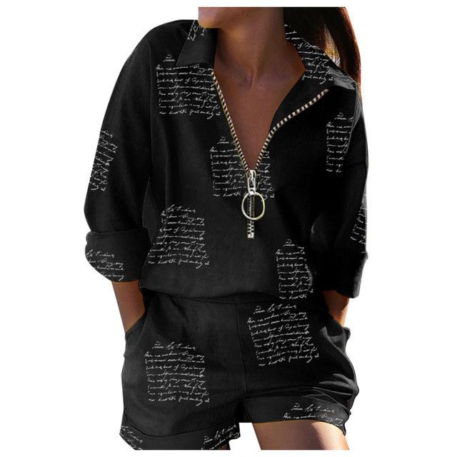 Women's Spring Fashion Set: Long-Sleeved Printed Zipper Top With Shorts Two-Piece Set_ecoleips.com