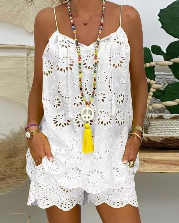 Women's temperament elegant sleeveless drawstring ruffled hollow camisole shorts suit_ecoleips.com