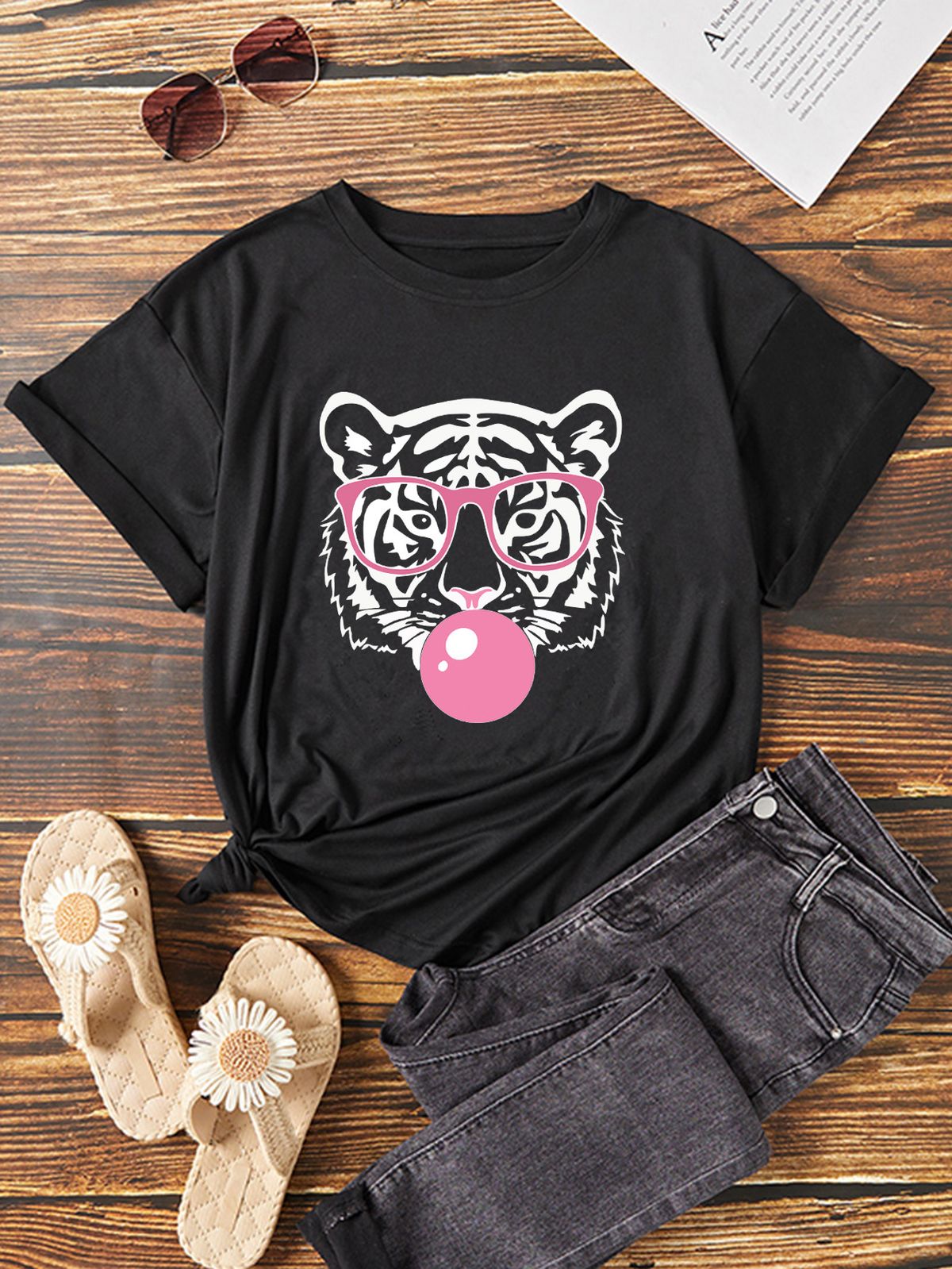 Women's Casual Versatile round Neck Short Sleeve T-Shirt Fashionable Cartoon Tiger Print Top for Spring/Summer_ecoleips.com