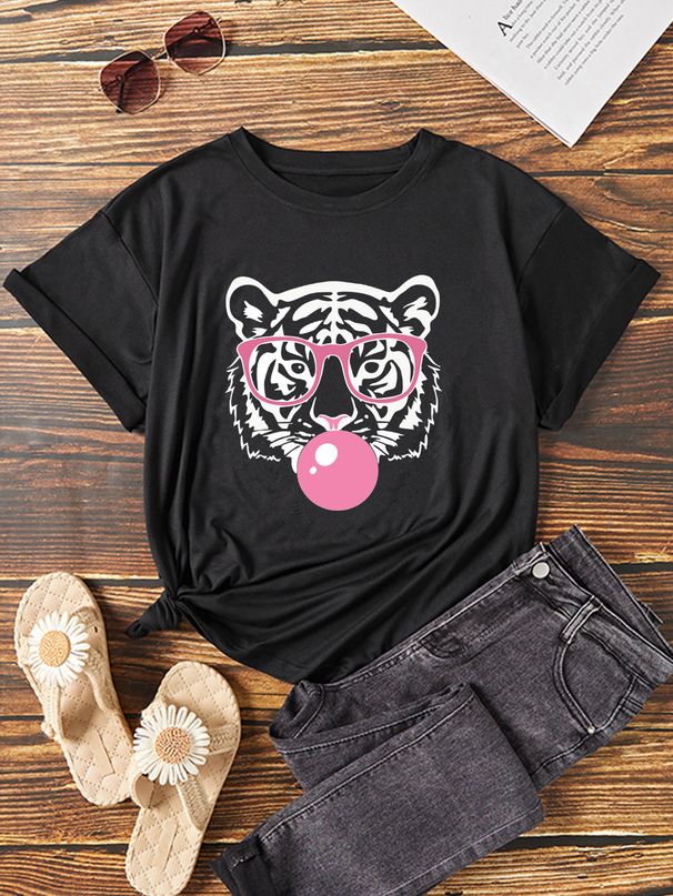 Women's Casual Versatile round Neck Short Sleeve T-Shirt Fashionable Cartoon Tiger Print Top for Spring/Summer_ecoleips.com