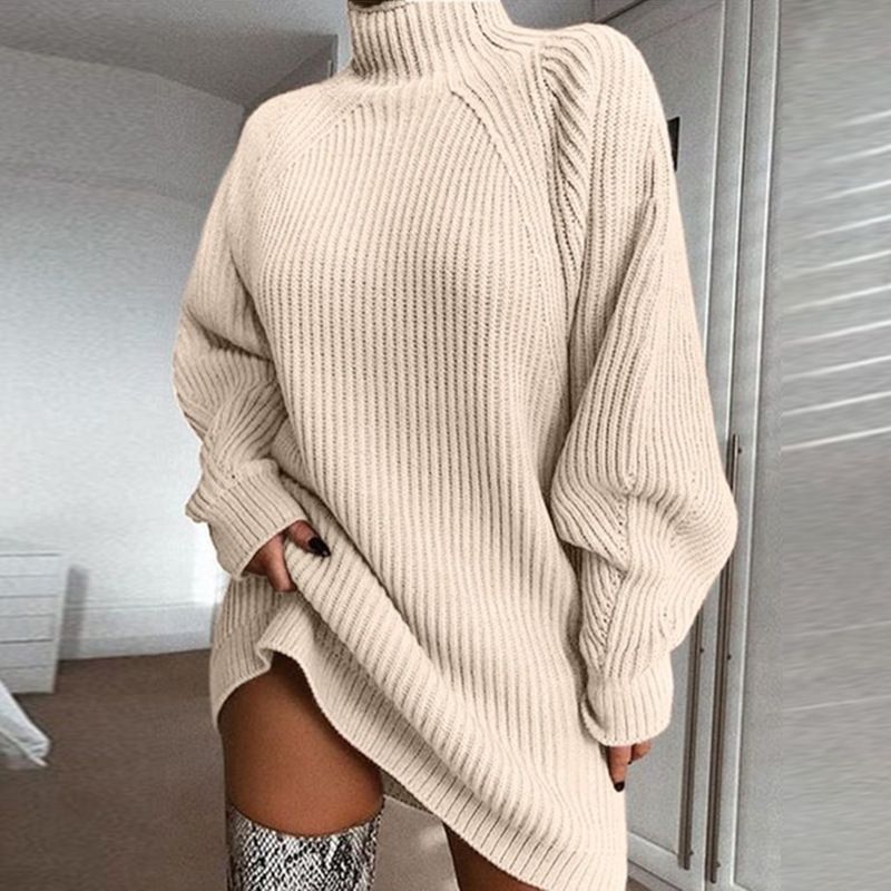 Autumn-Winter Knitwear Mid-Length Raglan Sleeves Semi-Turtleneck Sweater Dress_ecoleips.com