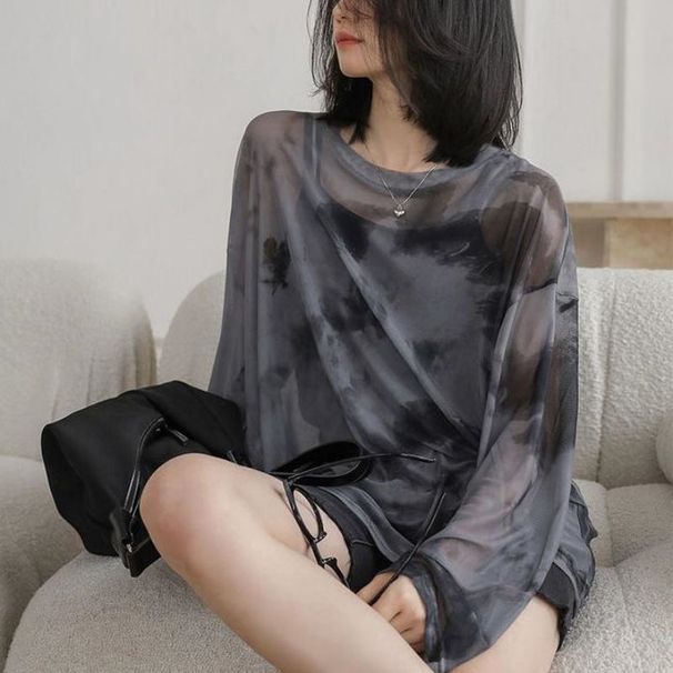 Women's Korean Style Loose Fit Tie Dye Mesh Top Semi Sheer Long Sleeve T-Shirt Stylish Sun Protection Base Layer Thin_ecoleips.com