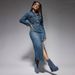 K Women's Lapel Button Long Sleeved Slit New Denim Long Dress_ecoleips.com