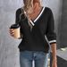 Women's Autumn/Winter Solid-Color T-Shirt With V-Neck, Loose Fit And Long Sleeves_ecoleips.com