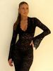 Women's Clothing Sexy Deep V Neck See Through Patchwork Bodycon Dress Women's Lace Patterned Bell Sleeve Pure Alluring Autumn Winter Style_ecoleips.com