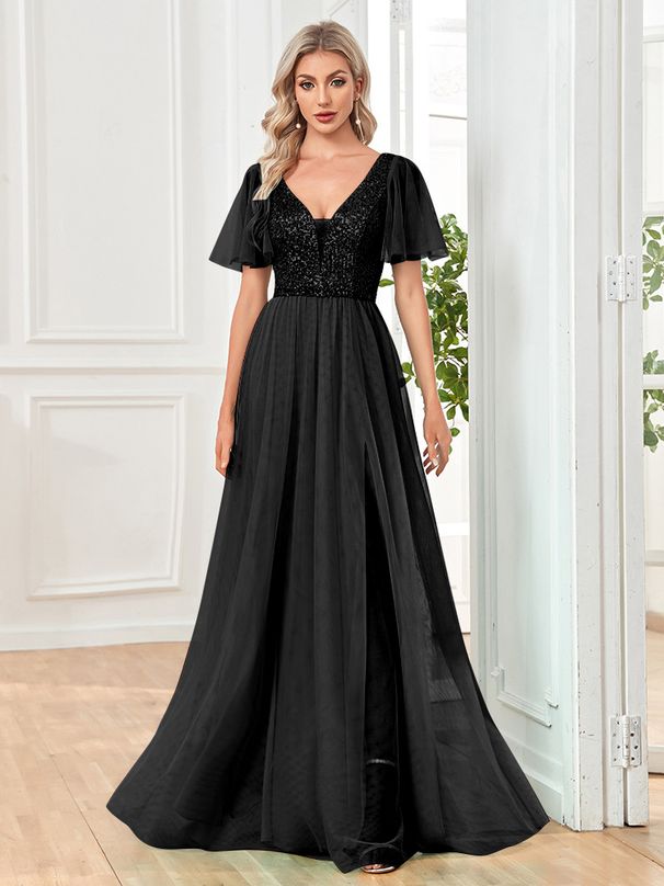 Evening Dress Formal Prom Mesh Prom Dress V-neck Sexy Short Sleeve Long Dress Women_ecoleips.com