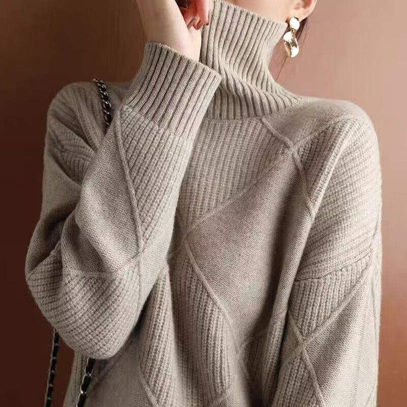 Women's Clothing High Neck Sweater Winter Knit Pullover Loose Casual Solid Color Turtleneck Top_ecoleips.com