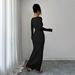 Elegant High-Waisted Split Hem Knit Dress - U-Neck Long Sleeve Slim Fit Stretchy Polyester Blend For Women (Black, Coffee, Army Green)_ecoleips.com