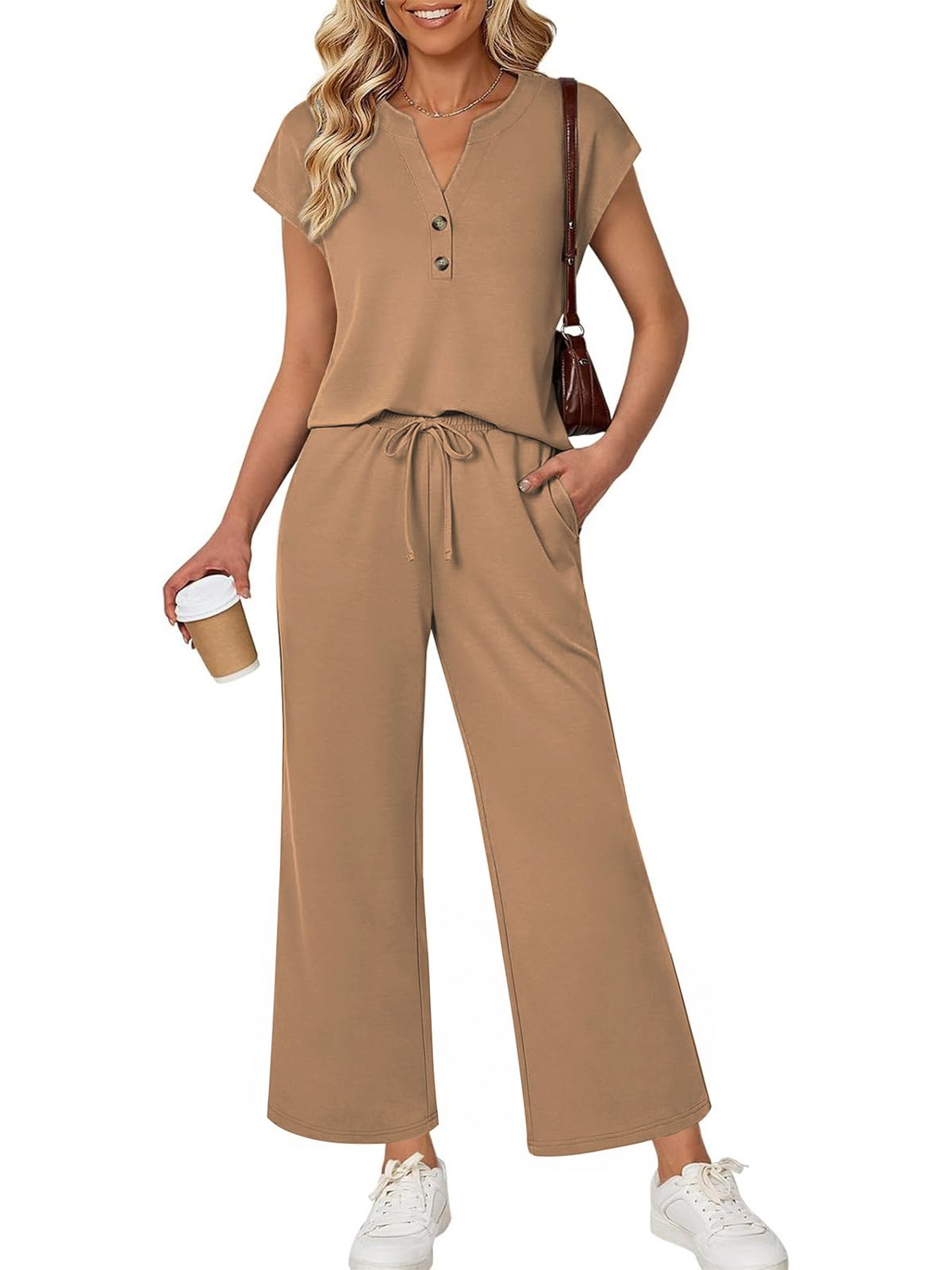 Women's Casual V-Neck Button-Down Short Sleeve Top With Wide-Leg Cropped Pants Set - Comfortable Loungewear & Office Wear Outfit_ecoleips.com