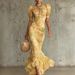 French Retro Chiffon Maxi Dress Elegant Sophisticated Summer Style High Neck Puff Sleeves Slim Waist Fishtail Hem Vacation Dress_ecoleips.com