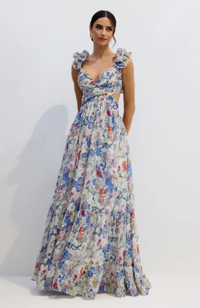 Women's Elegant Floral Chiffon Dress Deep V Neck Long Sleeveless Evening Gown European American Style Summer Fashion_ecoleips.com