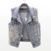 Women's Denim Vest With Lace And Beaded Embellishments – Short Sleeveless Jacket For Casual & Office Wear_ecoleips.com