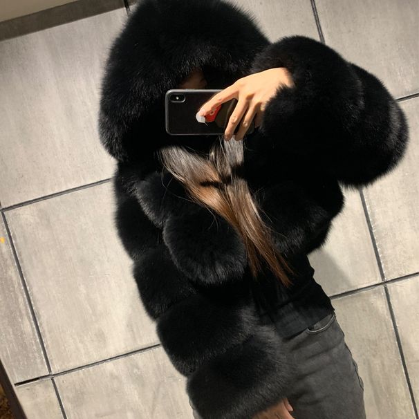 Women's Clothing Hooded Fox Fur Short Coat Long Sleeve Splicing Women's Jacket Large Size_ecoleips.com