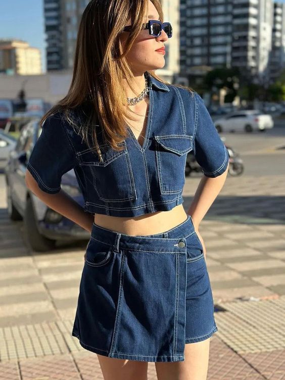 Women's Double Breasted Denim Set - V Neck Crop Shirt With High Waist Skirt Shorts Casual Streetwear Two Piece Outfit_ecoleips.com