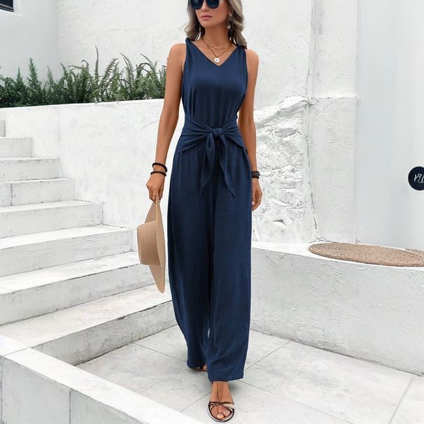 Voya Women's New Foreign Trade V-neck Wide Leg Jumpsuit Sleeveless Design Sense Jumpsuit For Women_ecoleips.com
