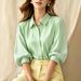 Women's Relaxed Fit V-Neck Puff Sleeve Striped Shirt, Chic Casual & Commute Blouse For Trendy Style_ecoleips.com