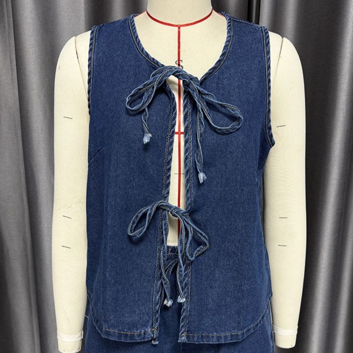 K Fashionable And Casual Sleeveless Lace Up High Waisted Women's Vest Denim Suit Shorts_ecoleips.com
