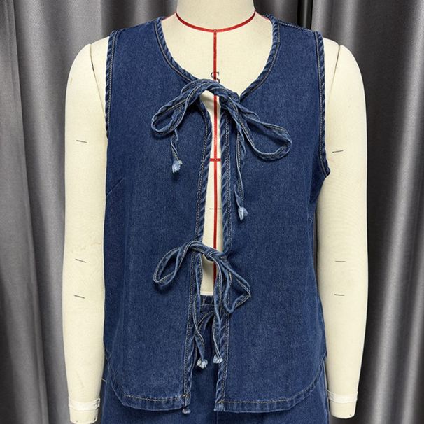 K Fashionable And Casual Sleeveless Lace Up High Waisted Women's Vest Denim Suit Shorts_ecoleips.com
