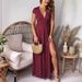 Women's Clothing Women's Deep V Neck Short Sleeve Long Dress Pleated High Waist Slit Party Evening Dress Solid Color Dress_ecoleips.com