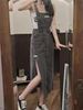 Spring Summer High Waist Side Slit Denim Overalls Women's Loose Slimming Midi Dress Casual Comfortable No Sleeve Square Neck_ecoleips.com