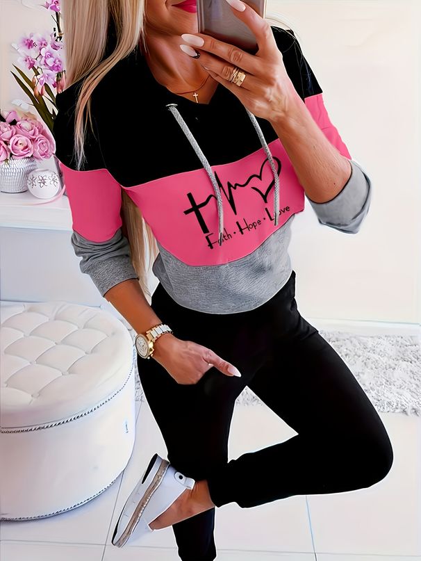Women's Clothing Tops And Pants Casual Color Matching Hooded Printed Pattern Features Loose Long Sleeved Casual Suit_ecoleips.com