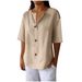 Women's Clothing Summer New Loose T Shirts For Women V Neck Cotton And Linen Button Tops_ecoleips.com