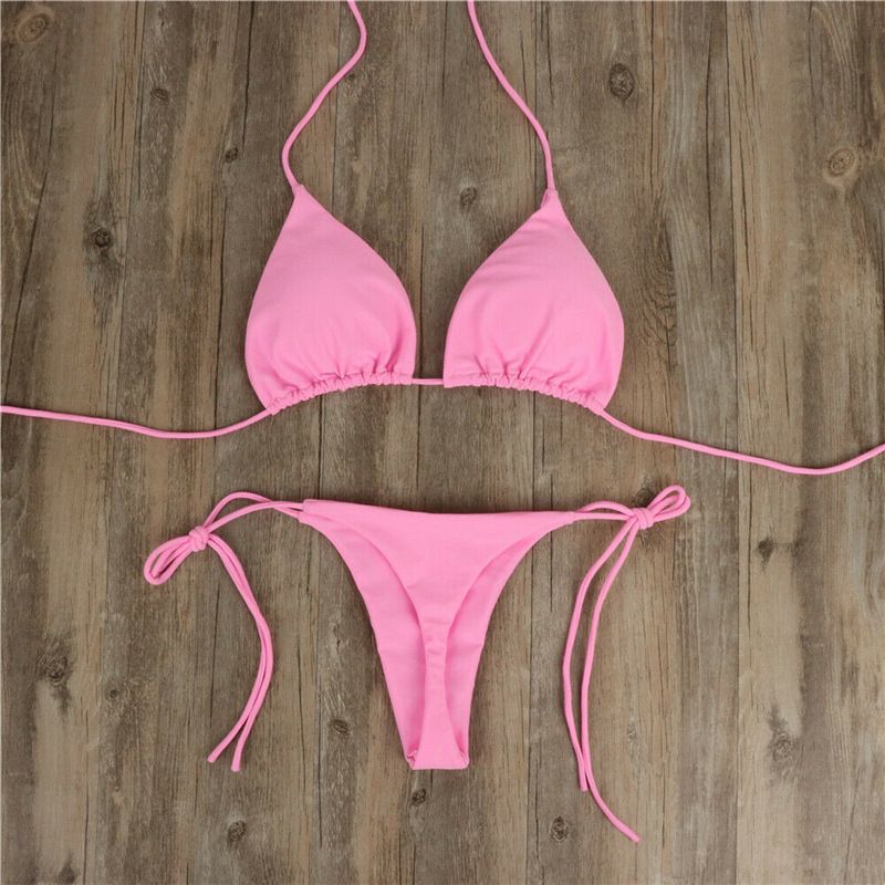Women's Halter Neck Bikini Strap Swimsuit Sexy Two Piece Tie Up Set Multiple Colors_ecoleips.com