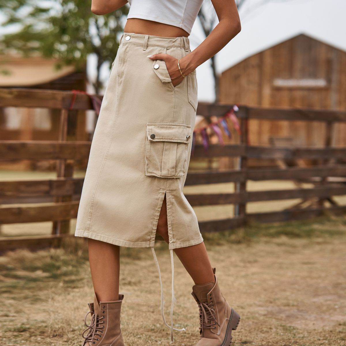 Verve Women's New Denim Tie Waist Cargo Casual Mid-Length Skirt Trendy_ecoleips.com
