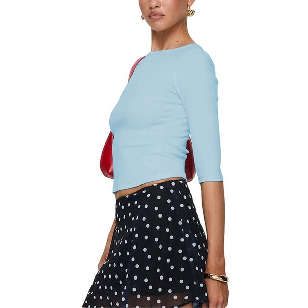 Voya Women's Korean Style Light Blue Slim Fit Seven Quarter Sleeve Spring And Summer New Item Solid Color Sweet Exposed Navel Short Top_ecoleips.com