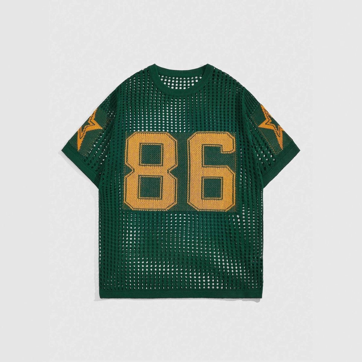 Women's round Neck Short Sleeve Knit T-Shirt Hollow out Design Star Print Loose Pullover Sporty Trendy Sweater European American Style 86 Number_ecoleips.com