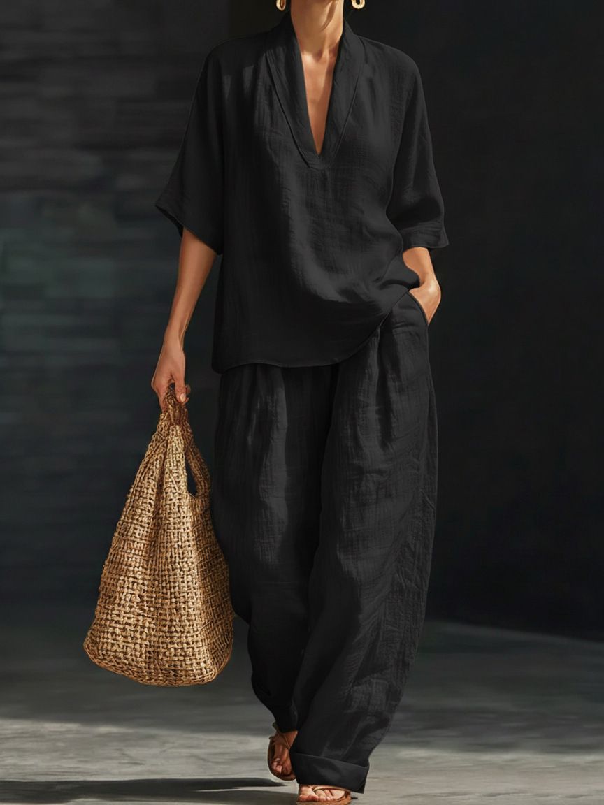 Spring Summer Women's Casual V Neck Pants Suit Loose Fitting Mid Sleeve Fashionable New Arrival_ecoleips.com