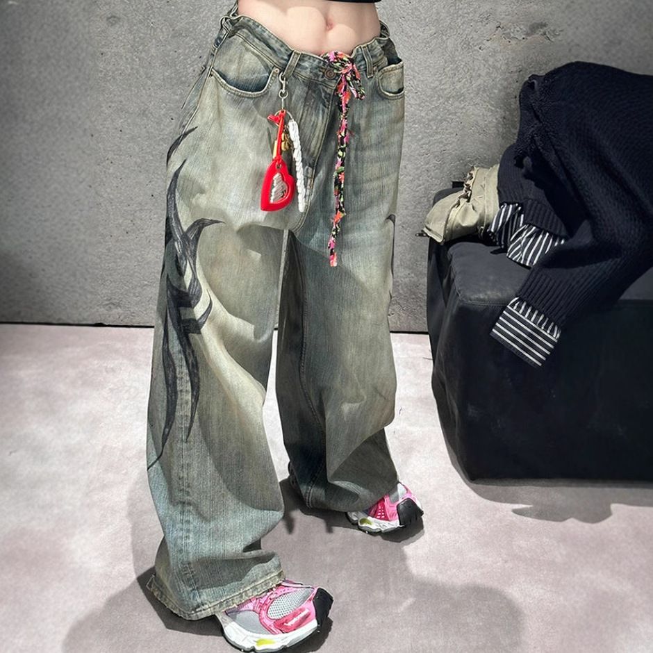 Unisex High Street Printed Denim Jeans Vibe Mopping Trousers Casual Cotton Office Lady Spring/Autumn_ecoleips.com