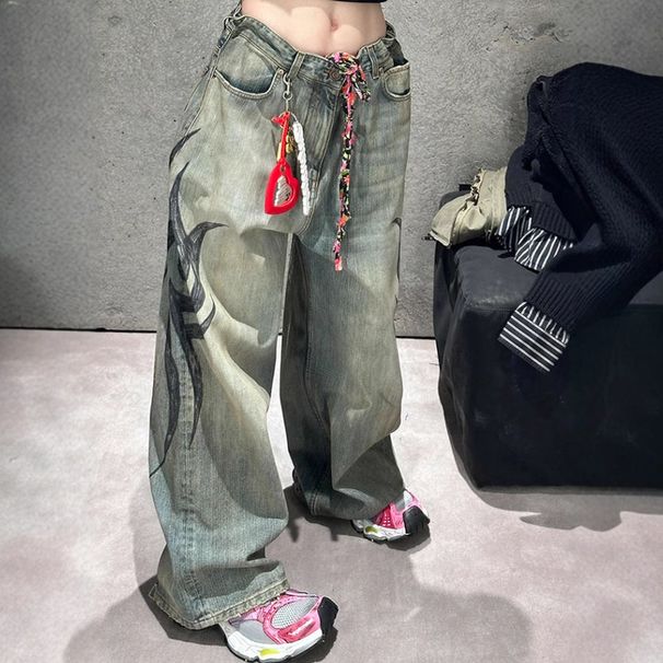 Unisex High Street Printed Denim Jeans Vibe Mopping Trousers Casual Cotton Office Lady Spring/Autumn_ecoleips.com