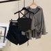 Women's Clothing Summer Hong Kong Style Retro Outfit For Women New Design Suspender Shirt Drawstring Shorts Slim Three Piece Suit_ecoleips.com