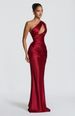 Satin Off-Shoulder Long Dress European American Style Asymmetrical Pleated Waist Fishtail Draped Skirt Hollow out Detail_ecoleips.com