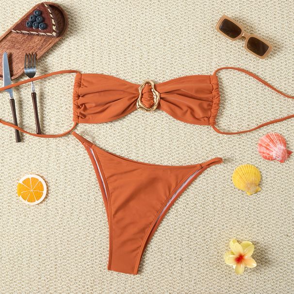 Adjustable Strappy Coral Solid Color Bikini Set High-Waisted Bottom Triangle Top Swimwear for Women Summer Beach Vacation Essentials_ecoleips.com