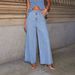 New American Solid Color Loose And Fashionable Long Sleeved Denim Suit Style Wide Leg Pants_ecoleips.com