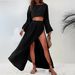 High Waist Chic Slit Cropped Top Women's Casual Holiday Two Piece Set Linen Blended Cotton Regular Fit Spring/Autumn Season_ecoleips.com