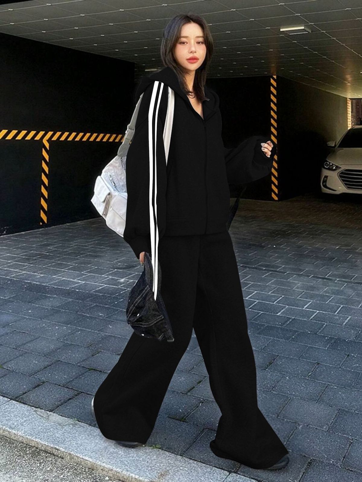 Women's Stylish Hoodie & Jacket Set - Casual Comfort For Petite Figures, Polyester Blend, Greyish/Black, S-XXXL_ecoleips.com